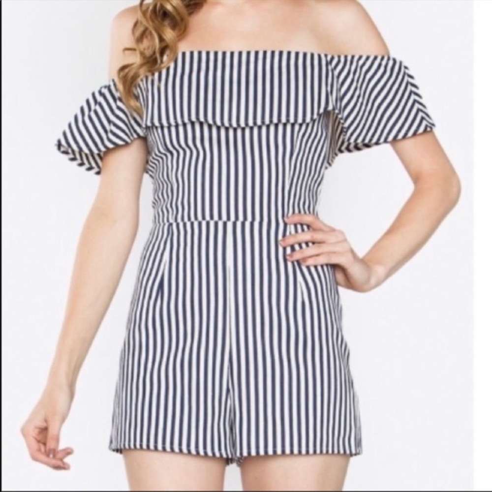 Sugar + Lips Off the Shoulder Blue/White Romper